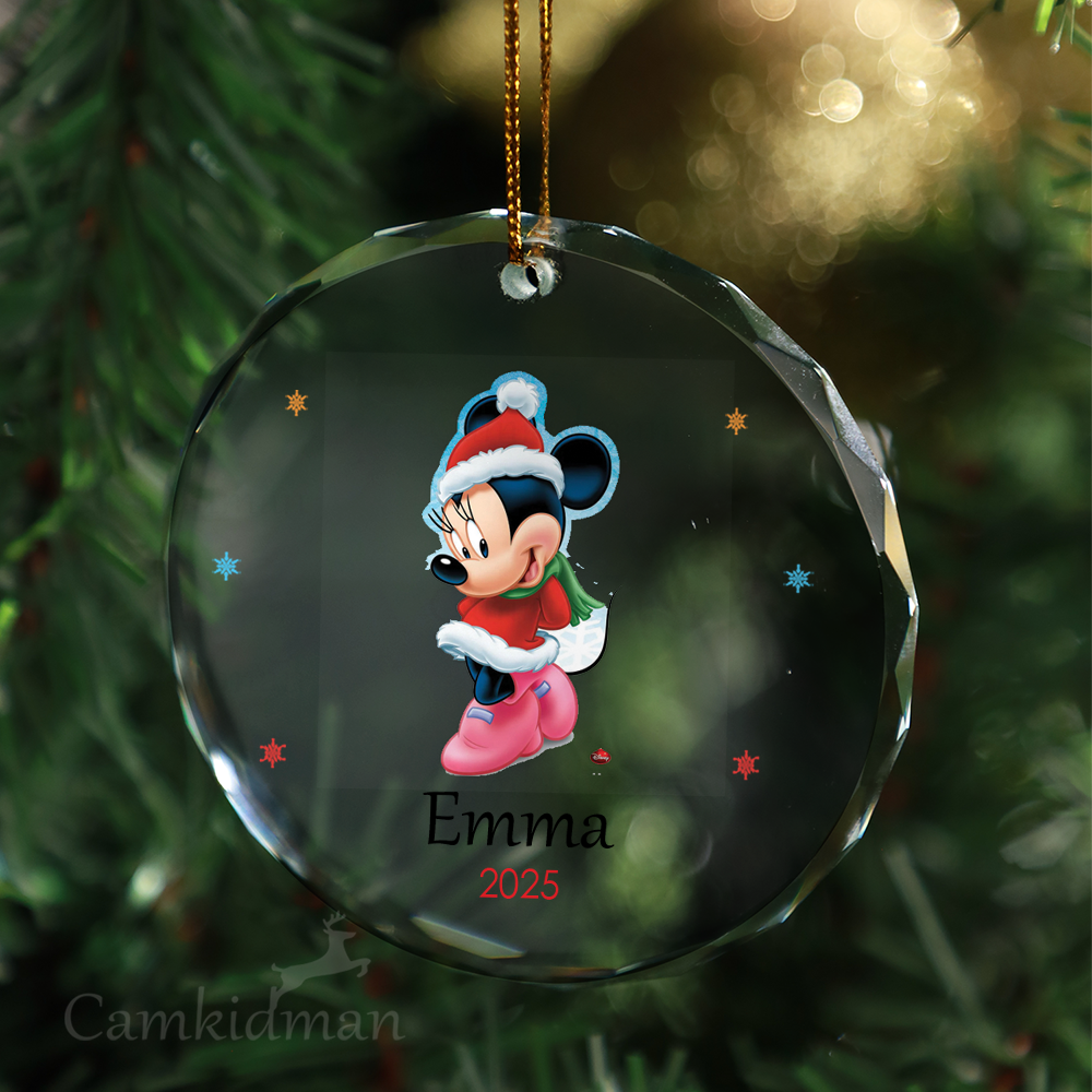 Minnie Blue Dress Personalized Name 2025 Glass Ornament tree