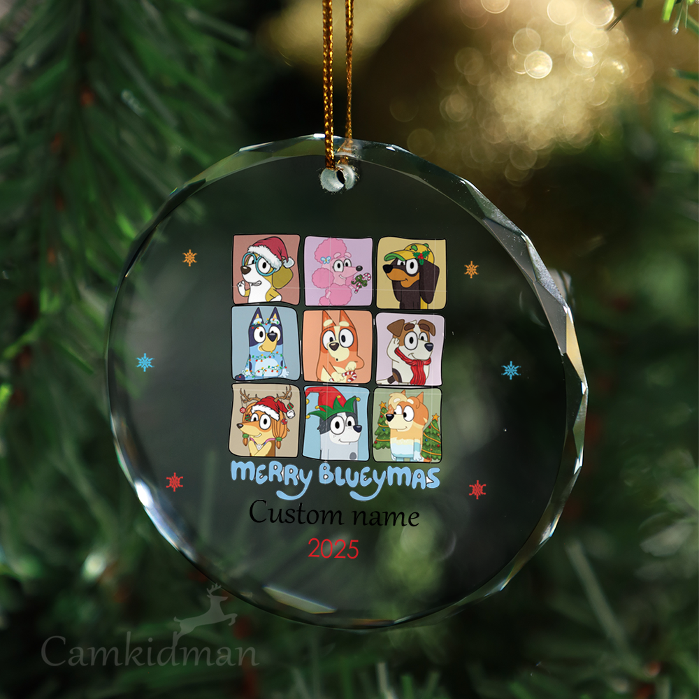 Bluey Custom Name Grid Personalized Name 2025 Glass Ornament gifts family