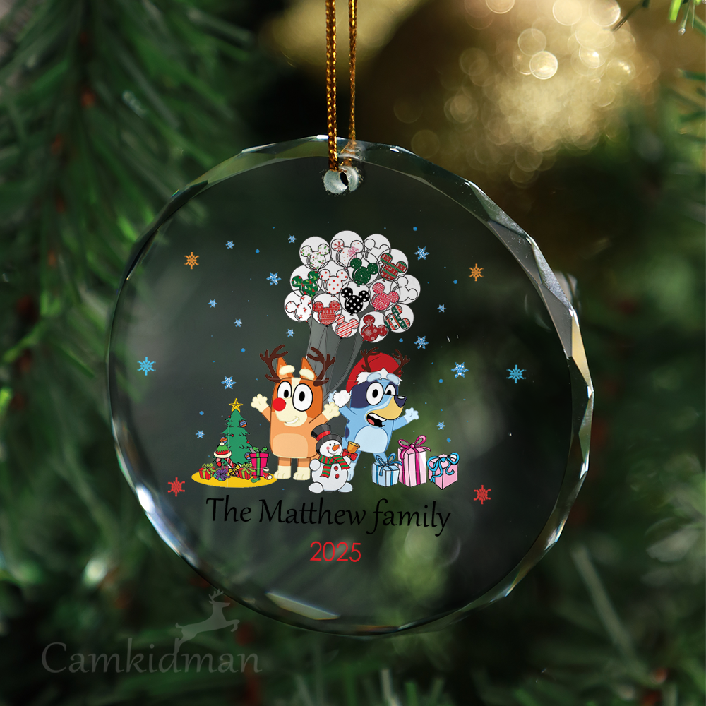 Bluey Family Reindeer Tree Personalized Name 2025 Glass Ornament gifts family