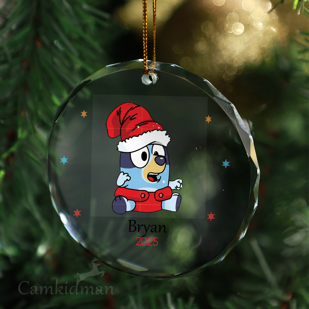 Bluey Puppy With Santa Hat Personalized Name 2025 Glass Ornament gifts