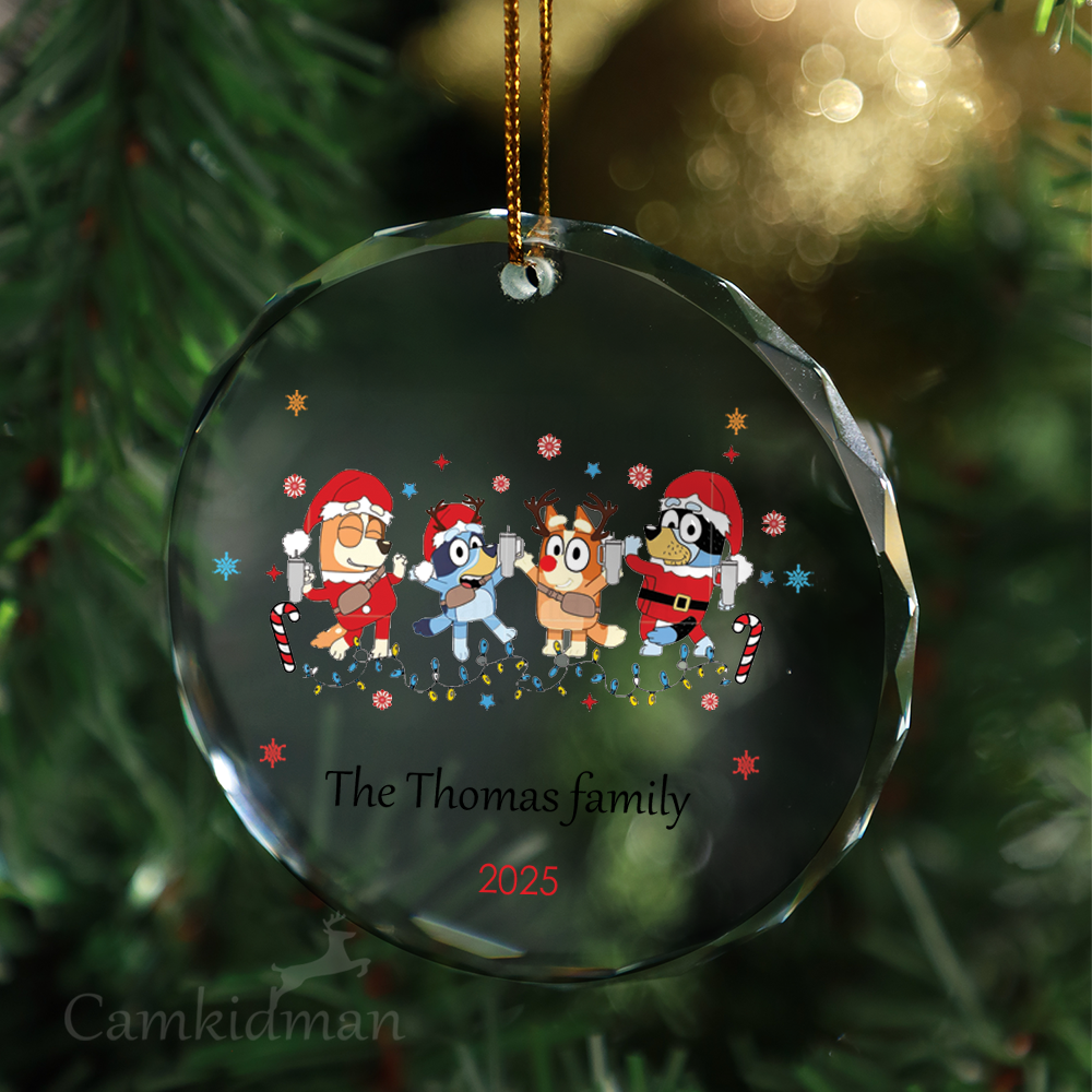 Bluey Family Snow Scene Personalized Name 2025 Glass Ornament gifts