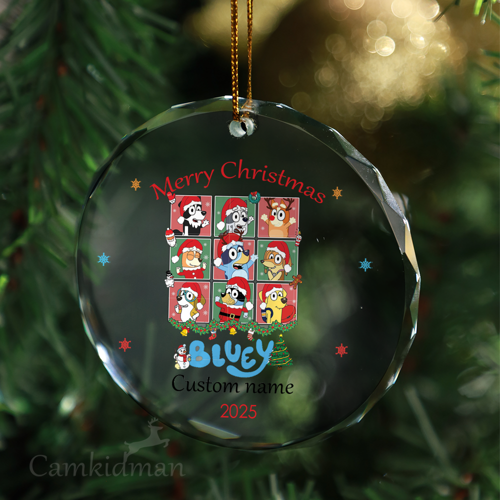 Bluey Pink Background Personalized Name 2025 Glass Ornament gifts