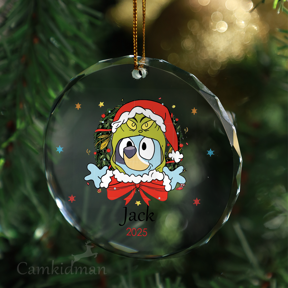 Bluey Santa Wreath Personalized Name 2025 Glass Ornament tree