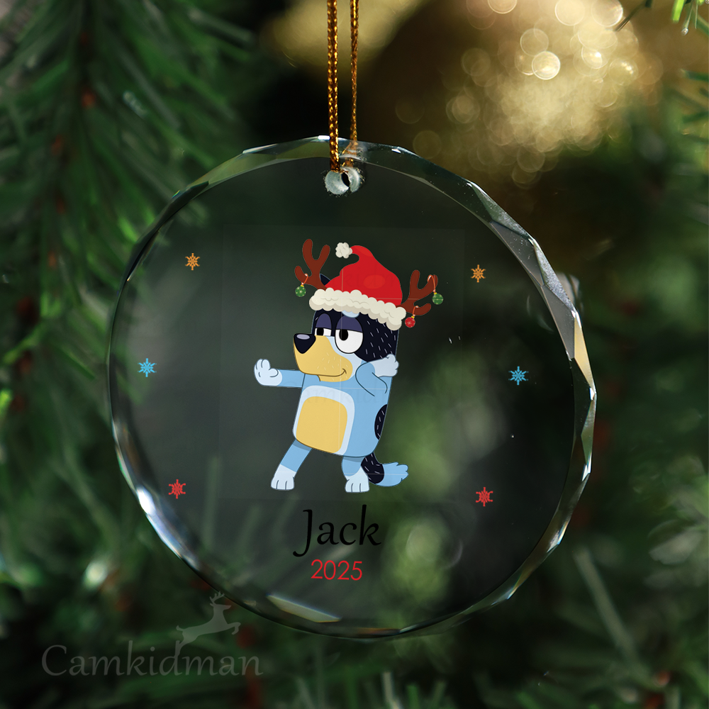 Bluey Reindeer Antlers Personalized Name 2025 Glass Ornament gifts