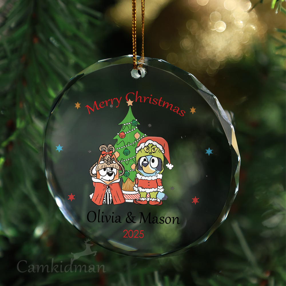 Bluey Puppies Personalized Name 2025 Christmas Glass Ornament gifts
