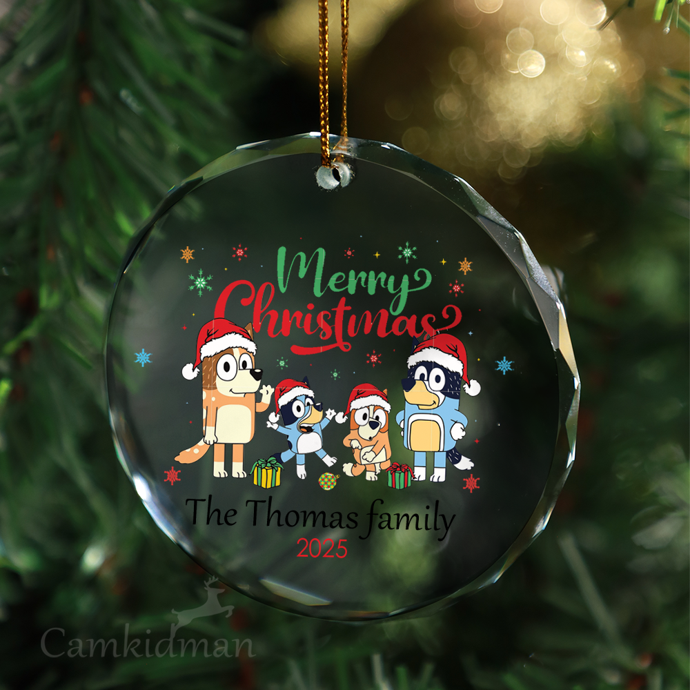 Bluey Family Cartoon Personalized Name 2025 Glass Ornament tree