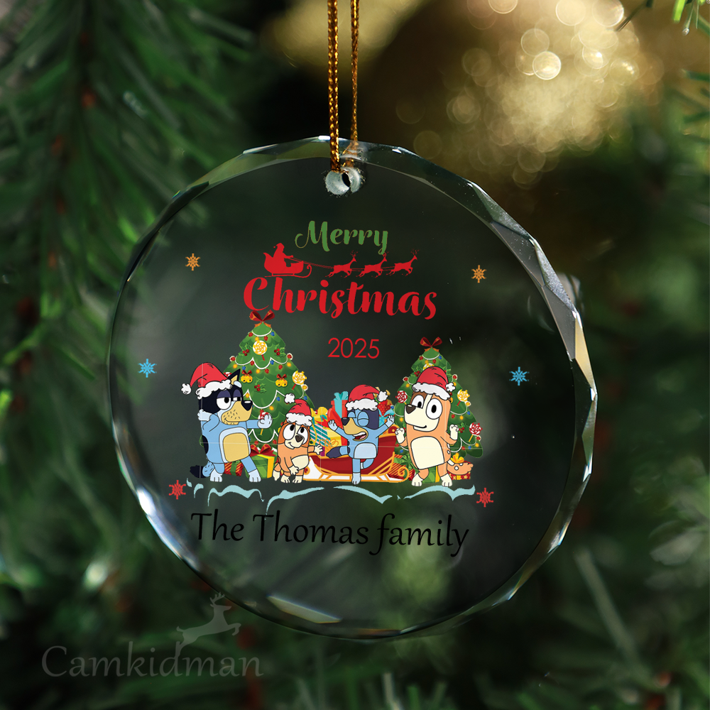 Bluey Family With Tree Glass Christmas Ornament 2025 Personalized Name gifts family