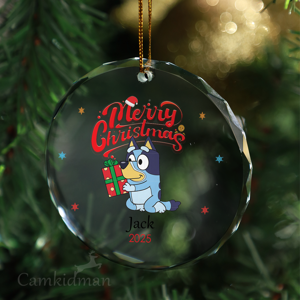 Bluey Character Jack With Gift gifts kids Glass Christmas Ornament