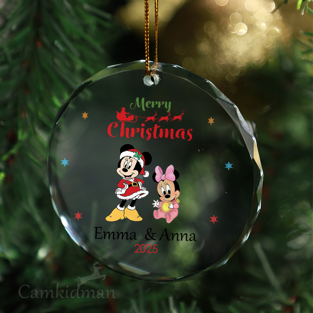 Mickey Minnie Couple Holiday Personalized Name 2025 Glass Ornament tree