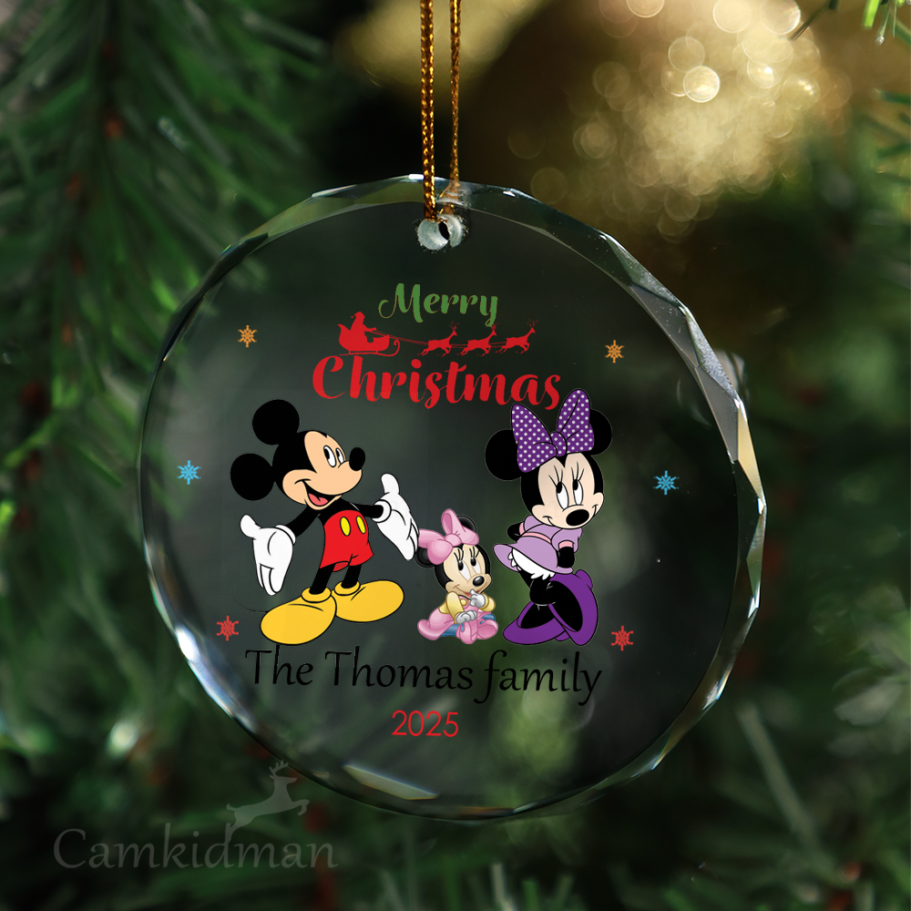 Mickey Minnie Couple Sitting Pose Glass Christmas Ornament 2025 Personalized Name tree