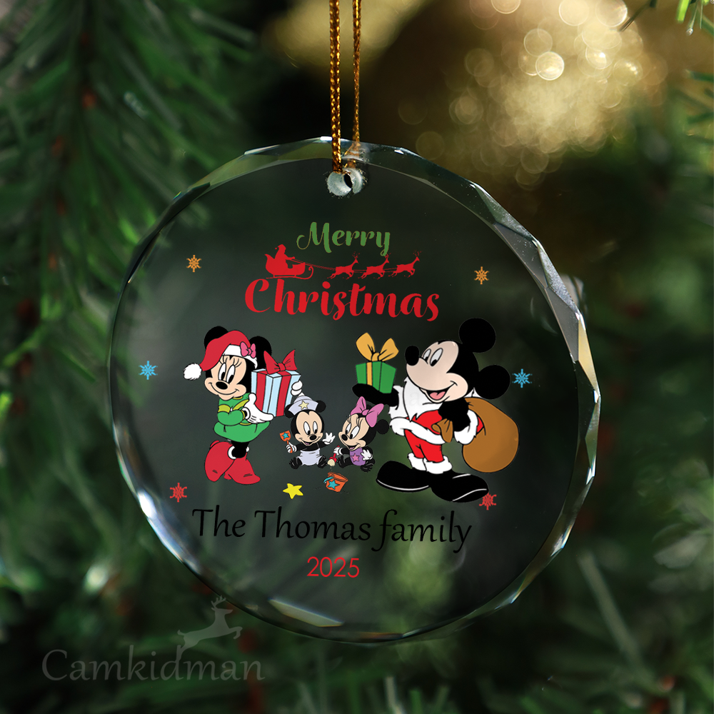 Mickey Minnie Couple Holding Gift Glass Christmas Ornament 2025 Personalized Name gifts