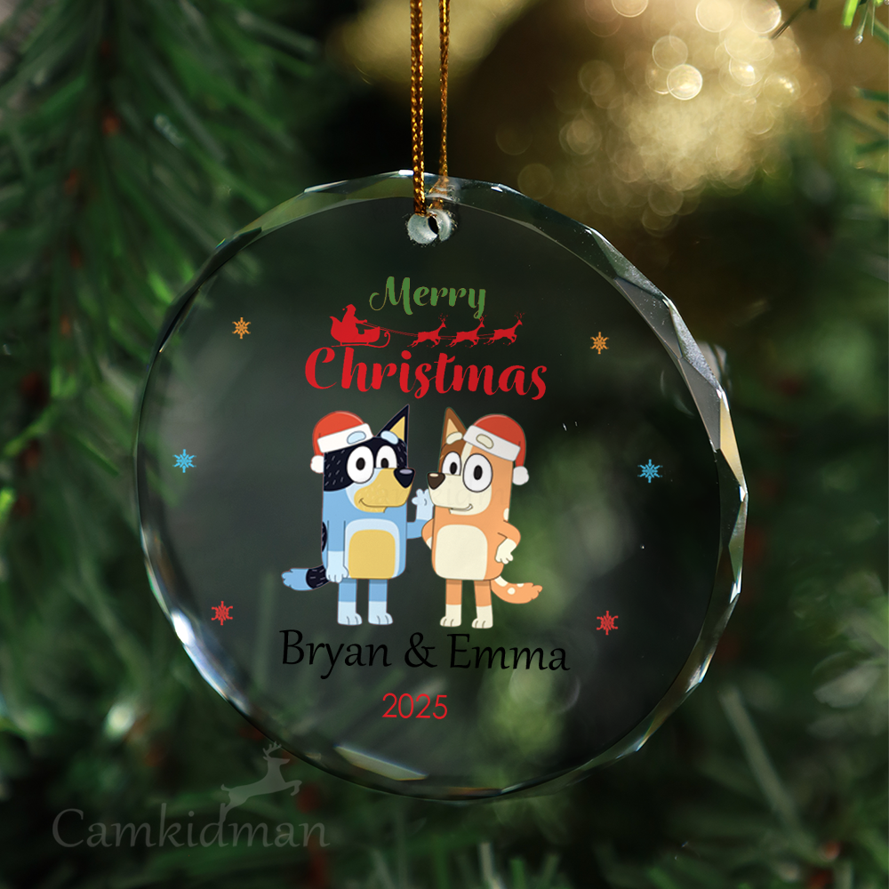 Bluey Couple With Gift Glass Christmas Ornament 2025 Personalized Name gifts family