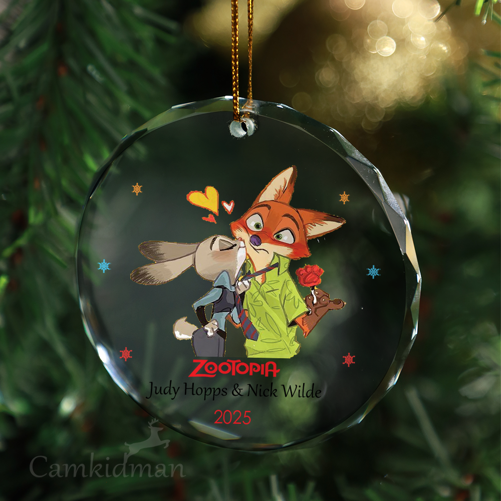  Playful Fox Hugging Bunny Round Holiday Decor 2025 Glass Christmas Ornament