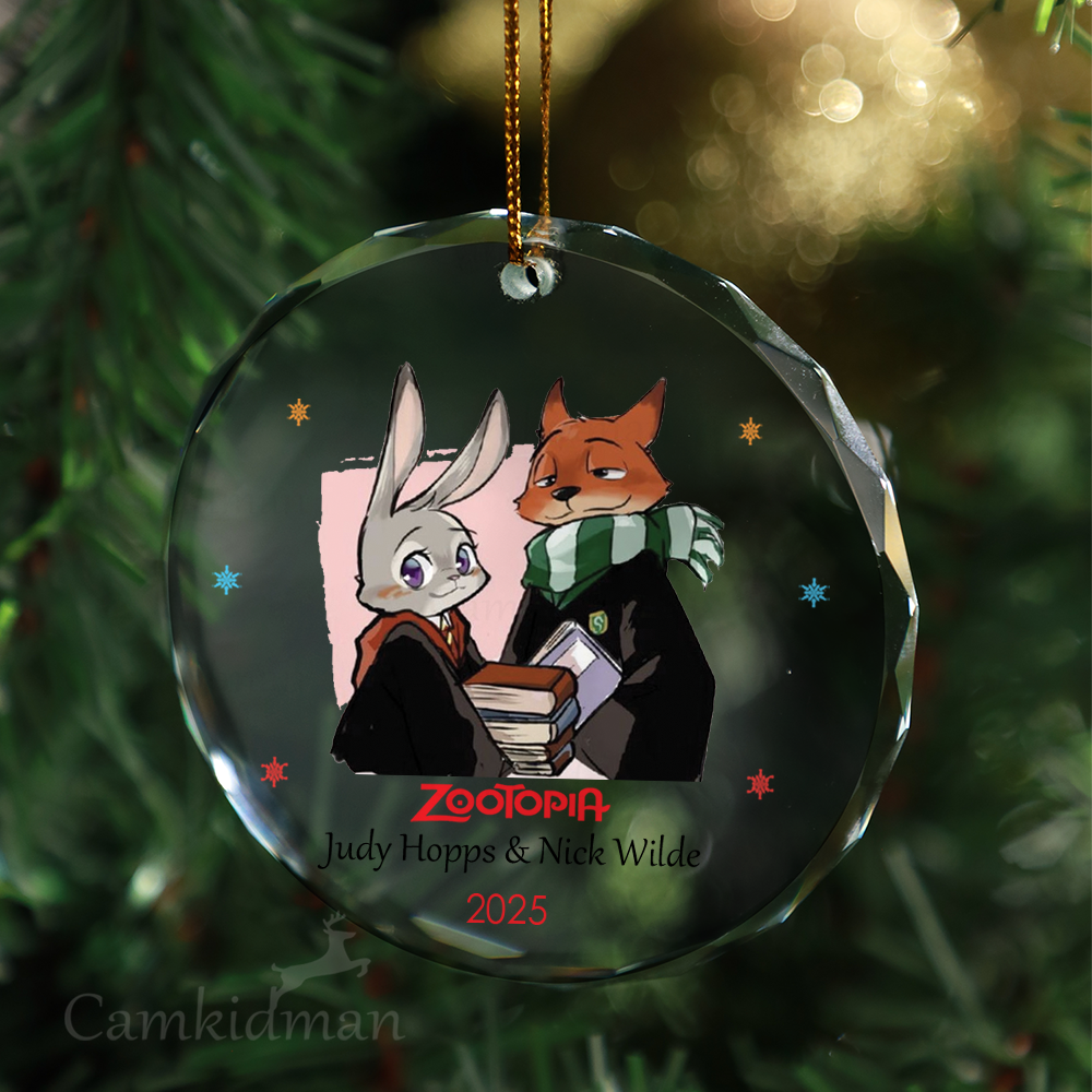Holiday Fox And Bunny Couple Art Round Stocking Stuffer 2025 Glass Christmas Ornament