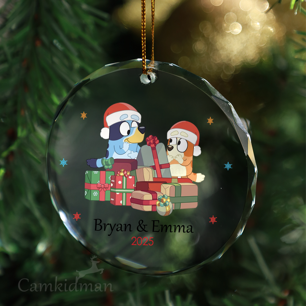 Bluey and Bingo Family 2025 Round Glass Christmas Ornament 2025 Personalized Name Tree 