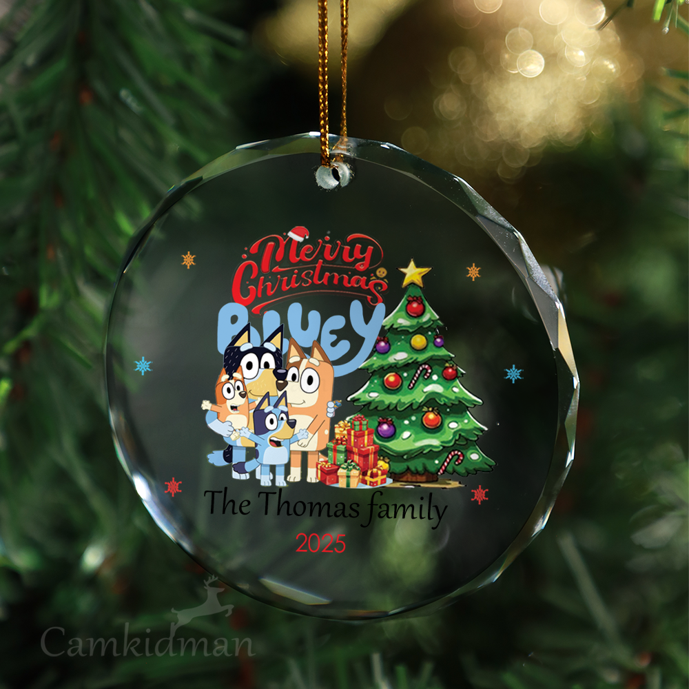 Bluey the custome family with Glass Christmas Ornament 2025 Personalized Name Tree 
