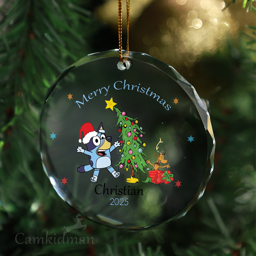 Bluey Character with Tree and Santa Hat 2025 Glass Christmas Ornament 2025 Personalized Name