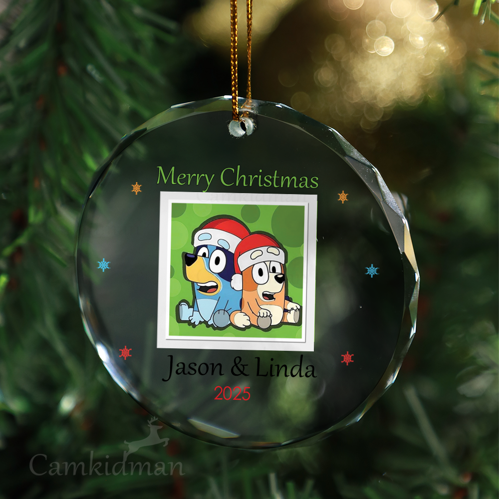 Bluey Bingo Cartoon Characters Round Keepsake Glass Christmas Ornament