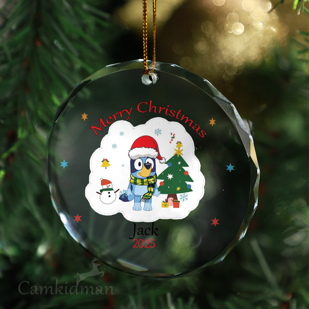 Bluey and Family with Glass Christmas Ornament 2025 Personalized Name