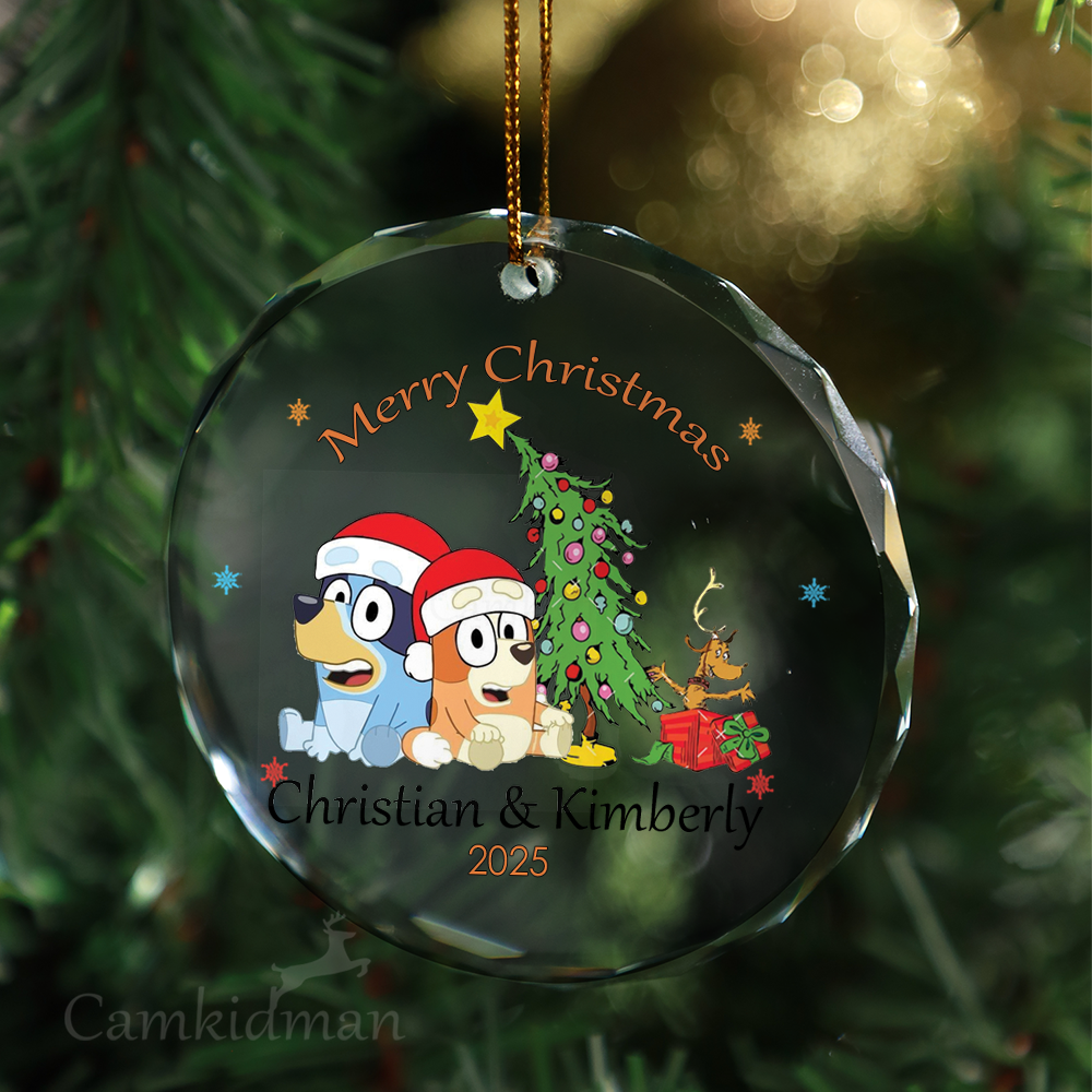 Bluey Cartoon Family with Tree 2025 Glass Christmas Ornament 2025 Personalized Name