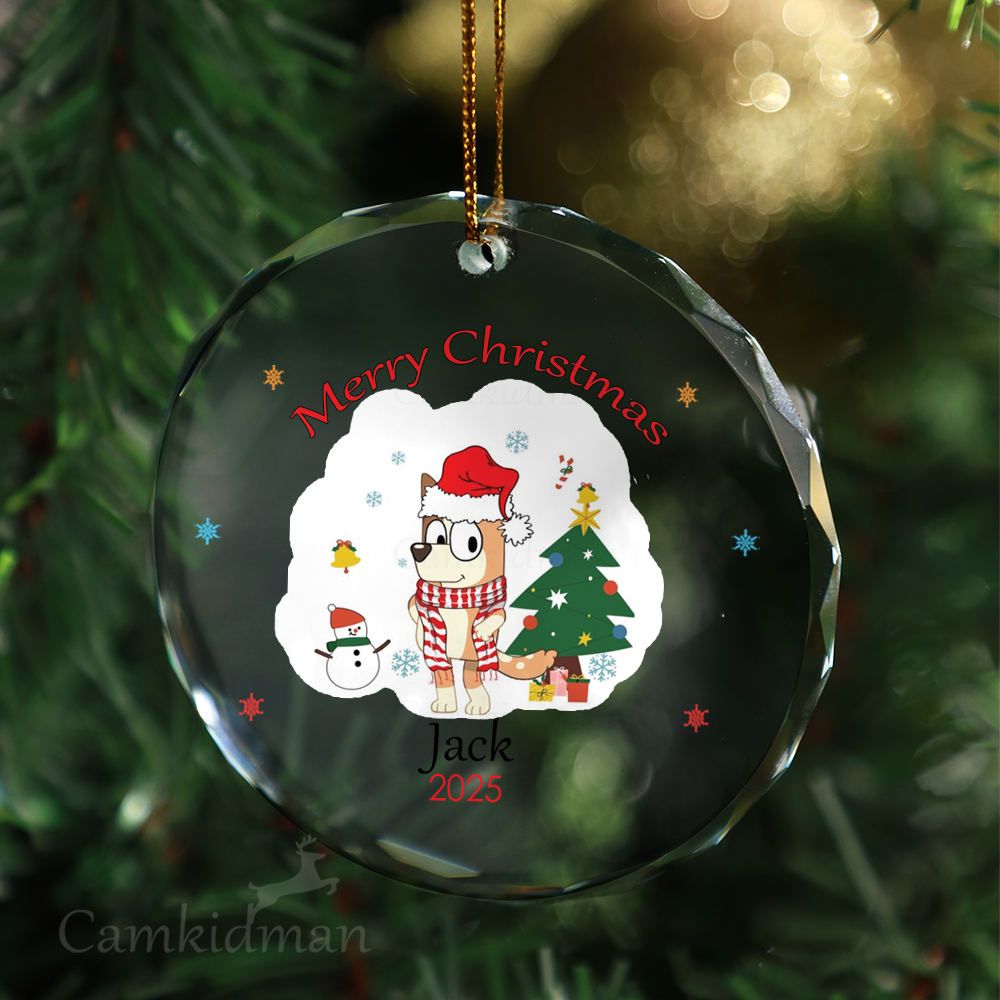 Bingo Character with Snowman and Tree 2025 Glass Christmas Ornament 2025 Personalized Name