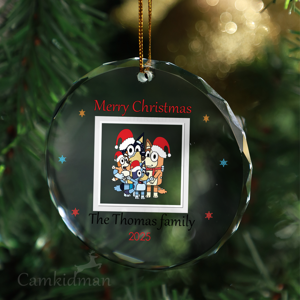 Bluey Family Group Personalized Name 2025 Glass Ornament  Tree Decoration