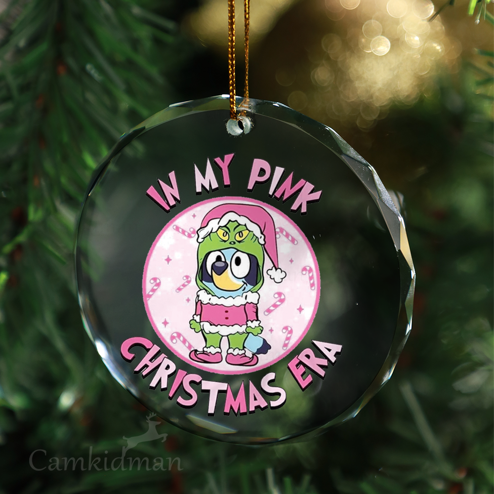 Bluey Grich Character Pink Outfit 2025 Round Holiday Keepsake Glass Christmas Ornament 2025 Personalized Name
