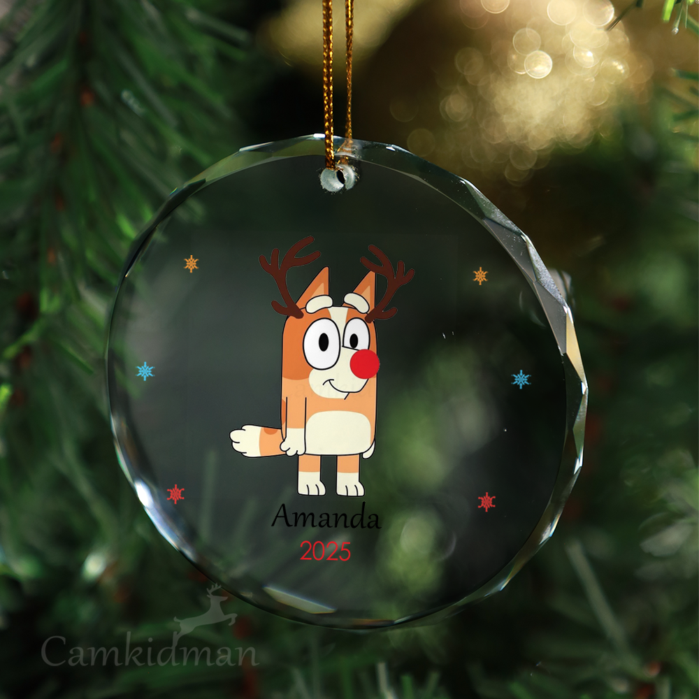 Bingo Bluey Character Reindeer Antlers Glass Christmas Ornament 2025 Personalized Name