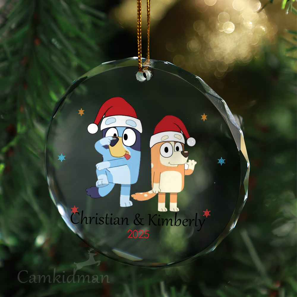 Bluey Character with Snowman and Tree 2025 Glass Christmas Ornament 2025 Personalized Name