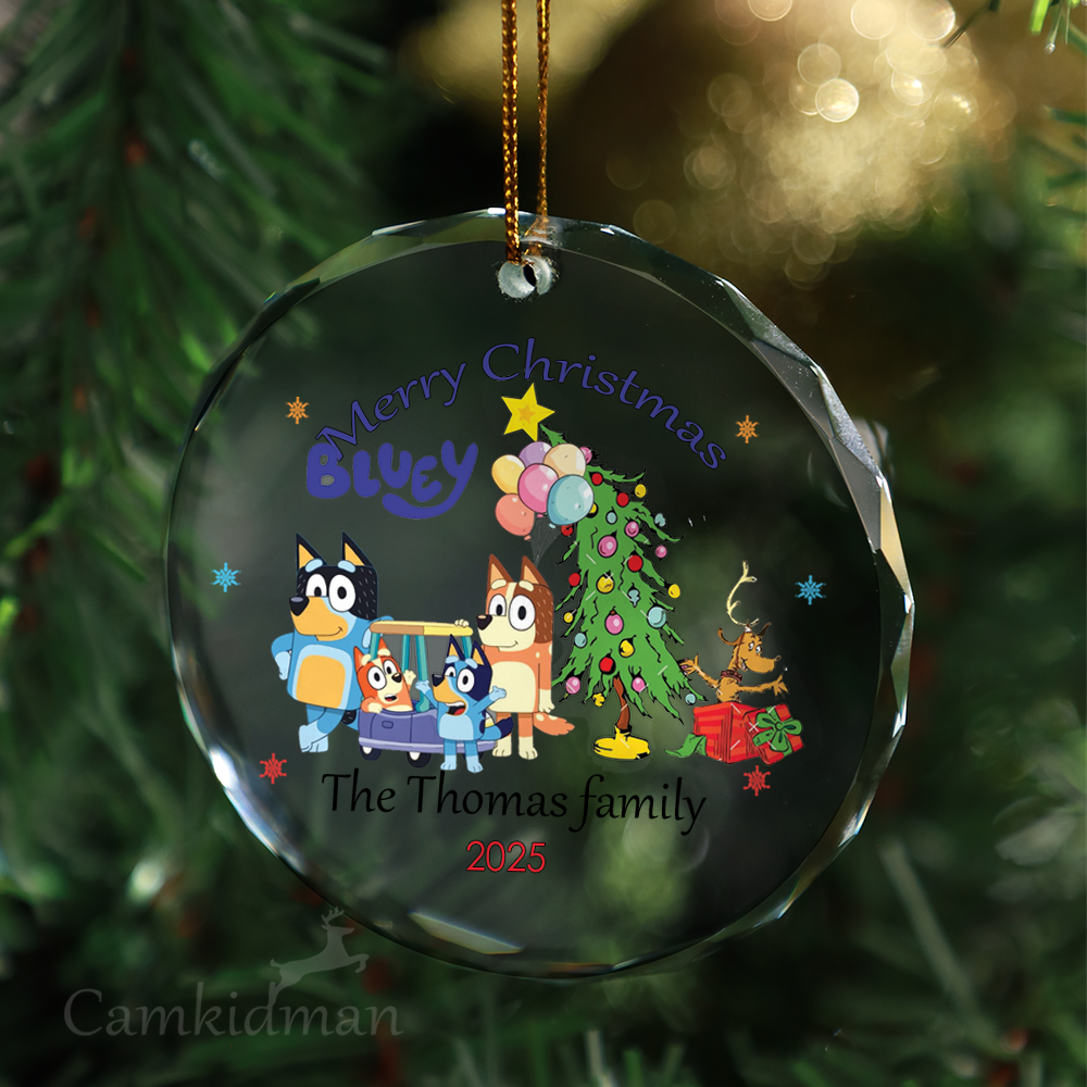 Bluey Cartoon Family Merry Holiday Decoration Glass Christmas Ornament