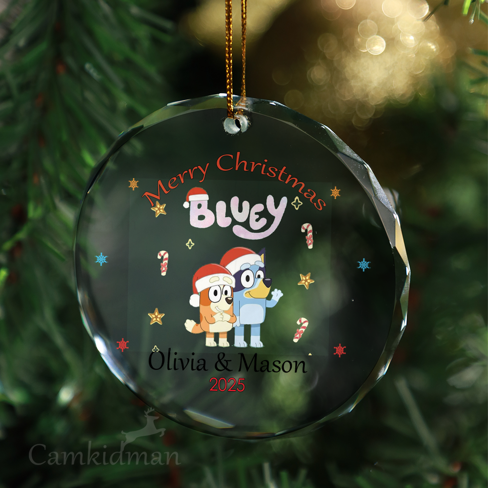 Bluey Cartoon 2025 Glass Christmas Ornament 2025 Personalized Name Decoration