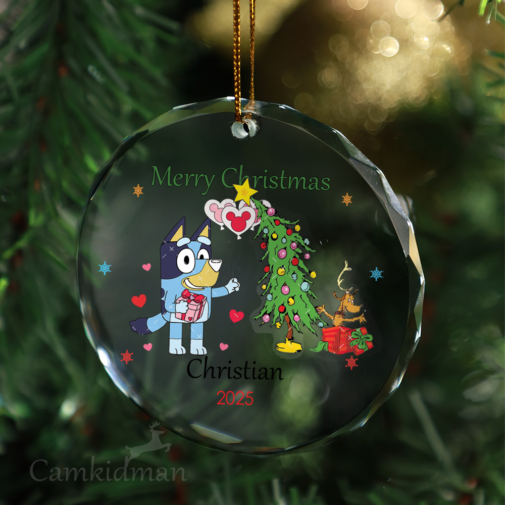 Bluey Cartoon with Tree Personalized Name 2025 Glass Ornament 