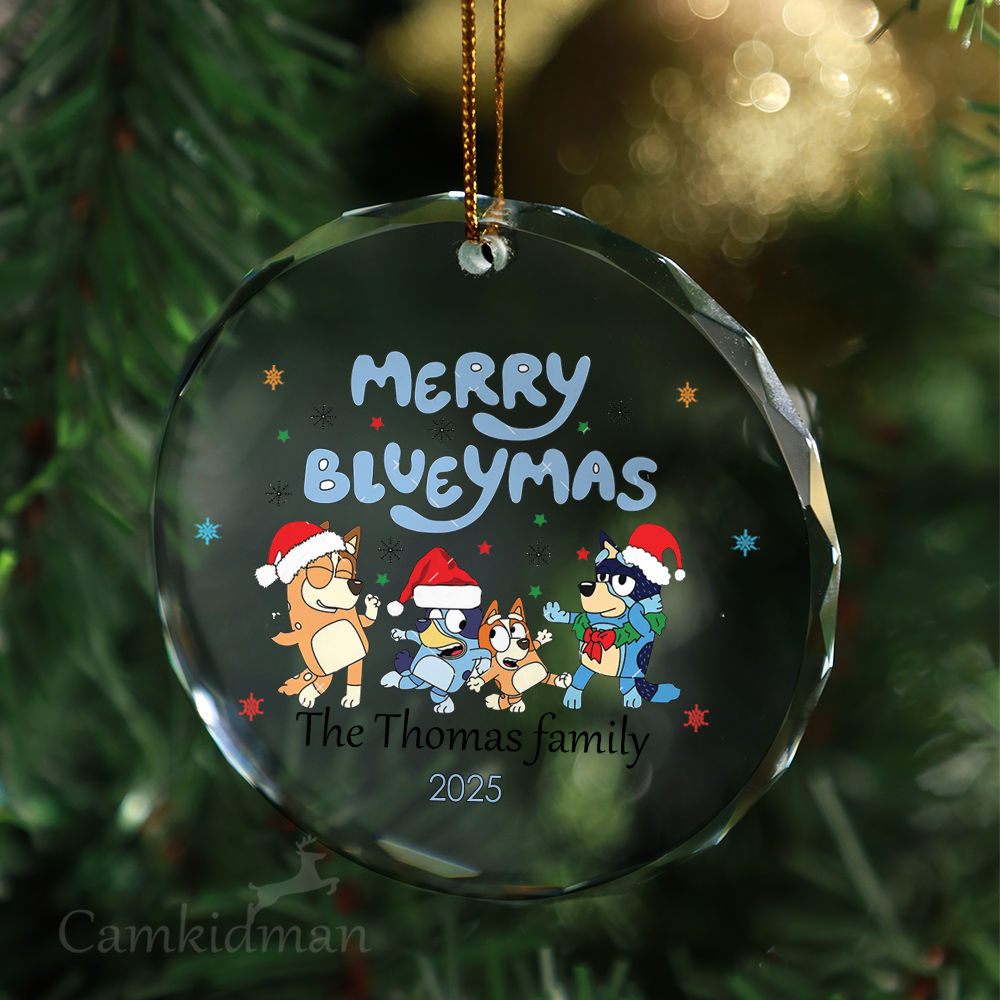 Bluey Character with Santa Hat and Tree 2025 Glass Christmas Ornament 2025 Personalized Name