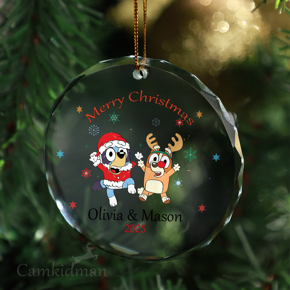 Bluey and Bingo 2025 Round Holiday Decor Glass Christmas Ornament