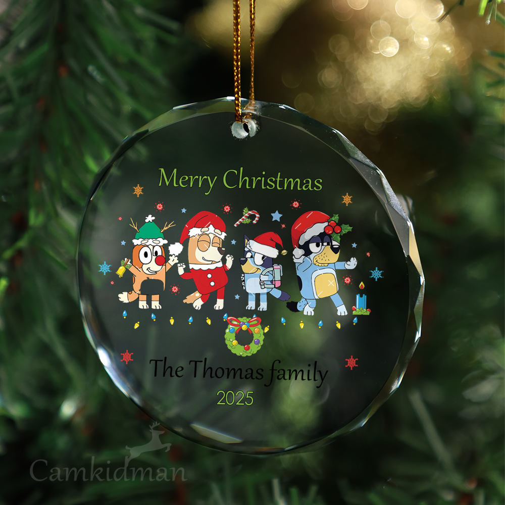 Bluey Merry Family 2025 Round Holiday Keepsake Glass Christmas Ornament