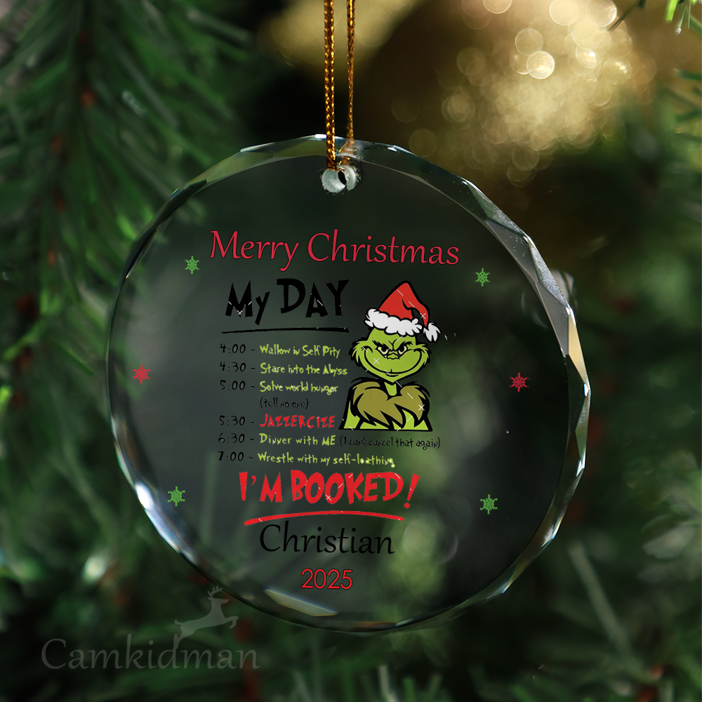 Grinch Funny Quote My Day Booked 2025 Holiday  Glass Christmas Ornament