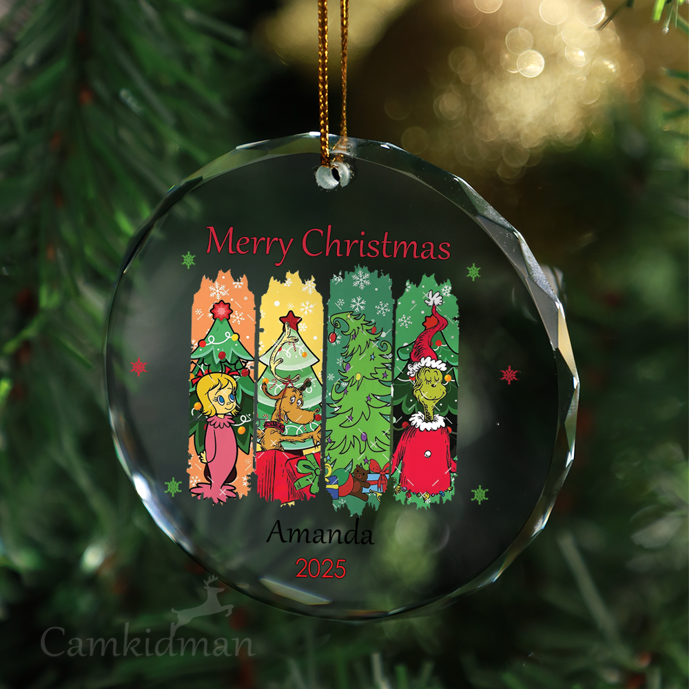 Grinch Cartoon Characters Stripes 2025 Glass Christmas Ornament 2025 Personalized Name 