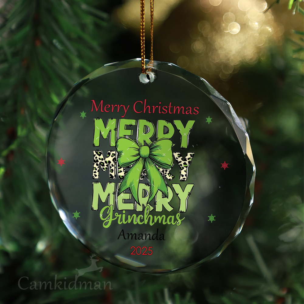 Merry Merry Merry Grinch 2025 Round Glass Christmas Ornament 2025 Personalized Name 