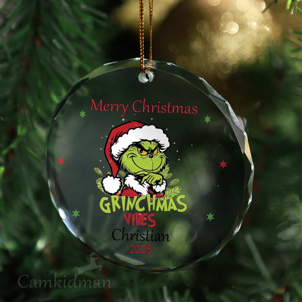 Grinchmas Vibes The Grinch 2025 Round Holiday Keepsake Glass Christmas Ornament