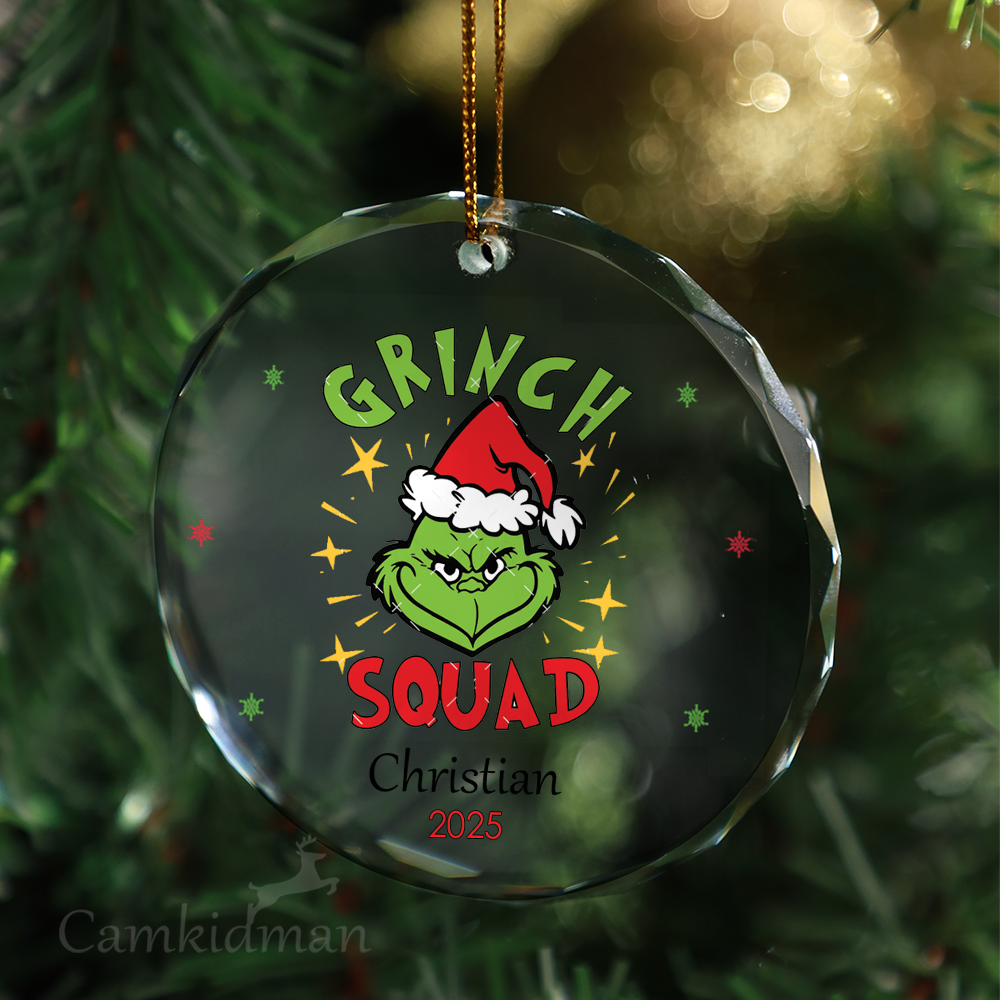 Grinch Squad Funny Design 2025 Round Glass Christmas Ornament 2025 Personalized Name 