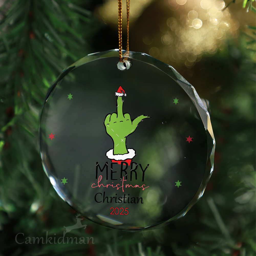 Grinch Middle Finger Glass Christmas Ornament 2025 Personalized Name Joke 2025 Holiday 