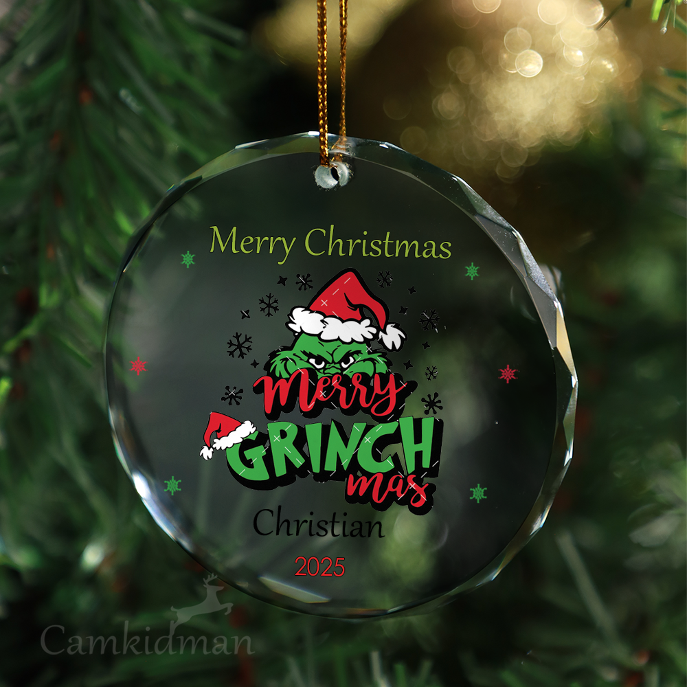 Merry Grinchmas Holiday Decor 2025 Round Glass Christmas Ornament 2025 Personalized Name