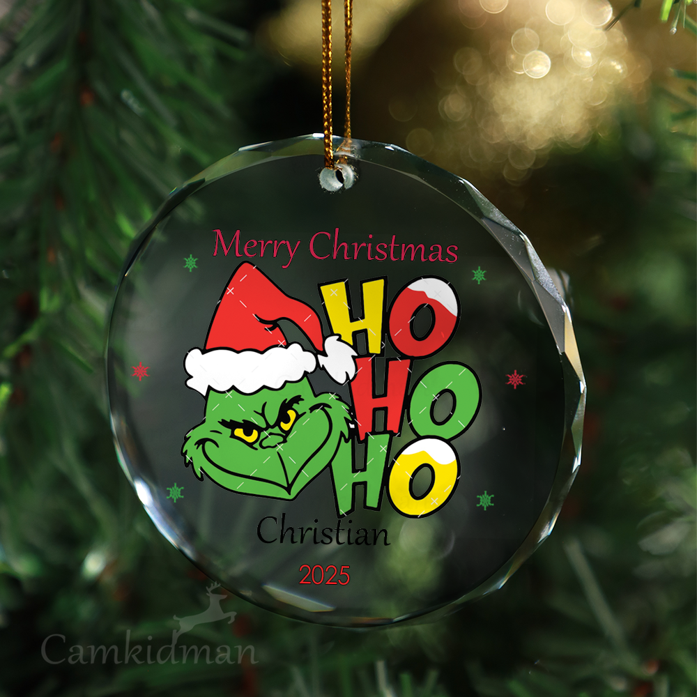 Ho Ho Ho Grinch Funny Holiday Decor 2025 Round Glass Christmas Ornament 2025 Personalized Name