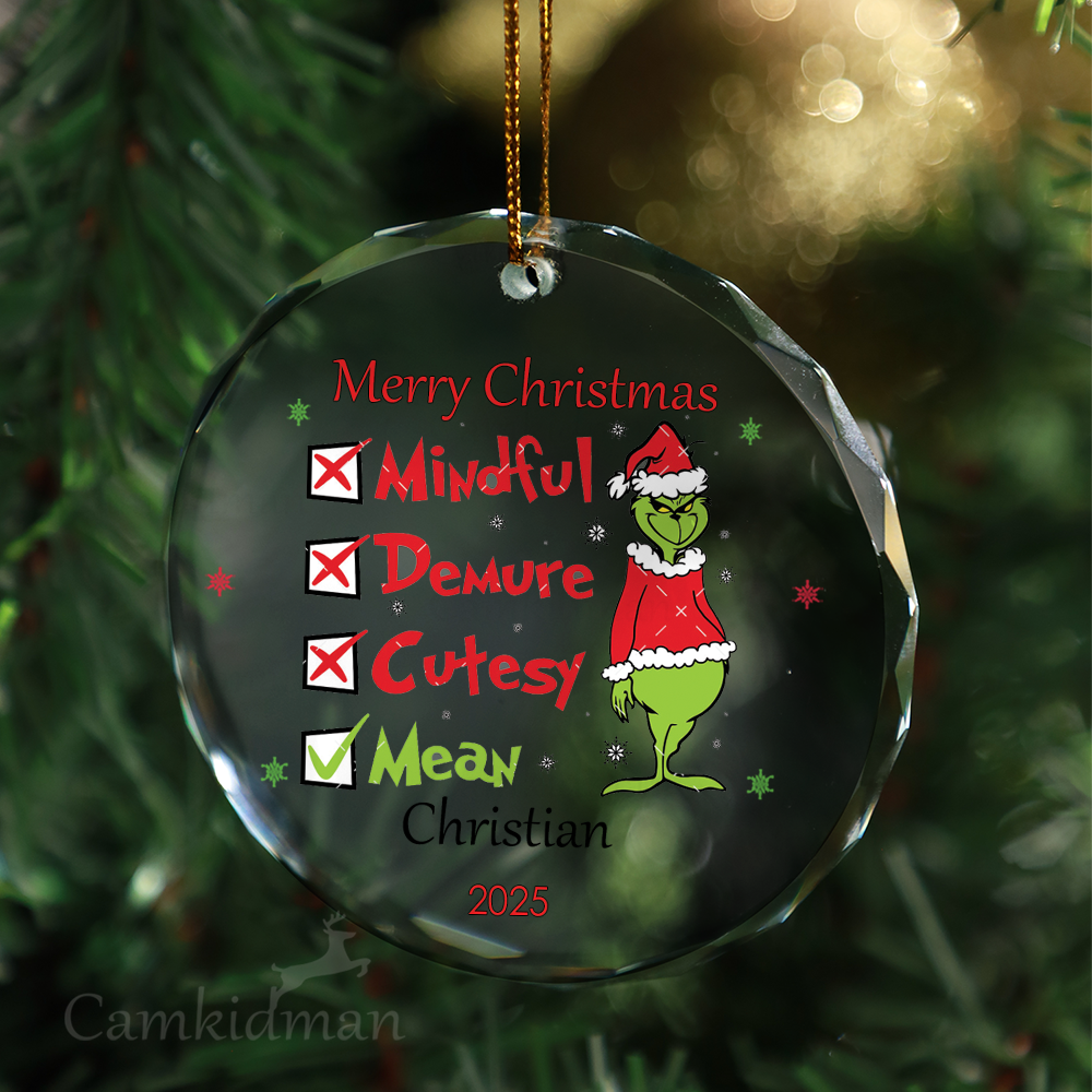 Funny Grinch Naughty Nice Holiday Decor gifts family Glass Christmas Ornament