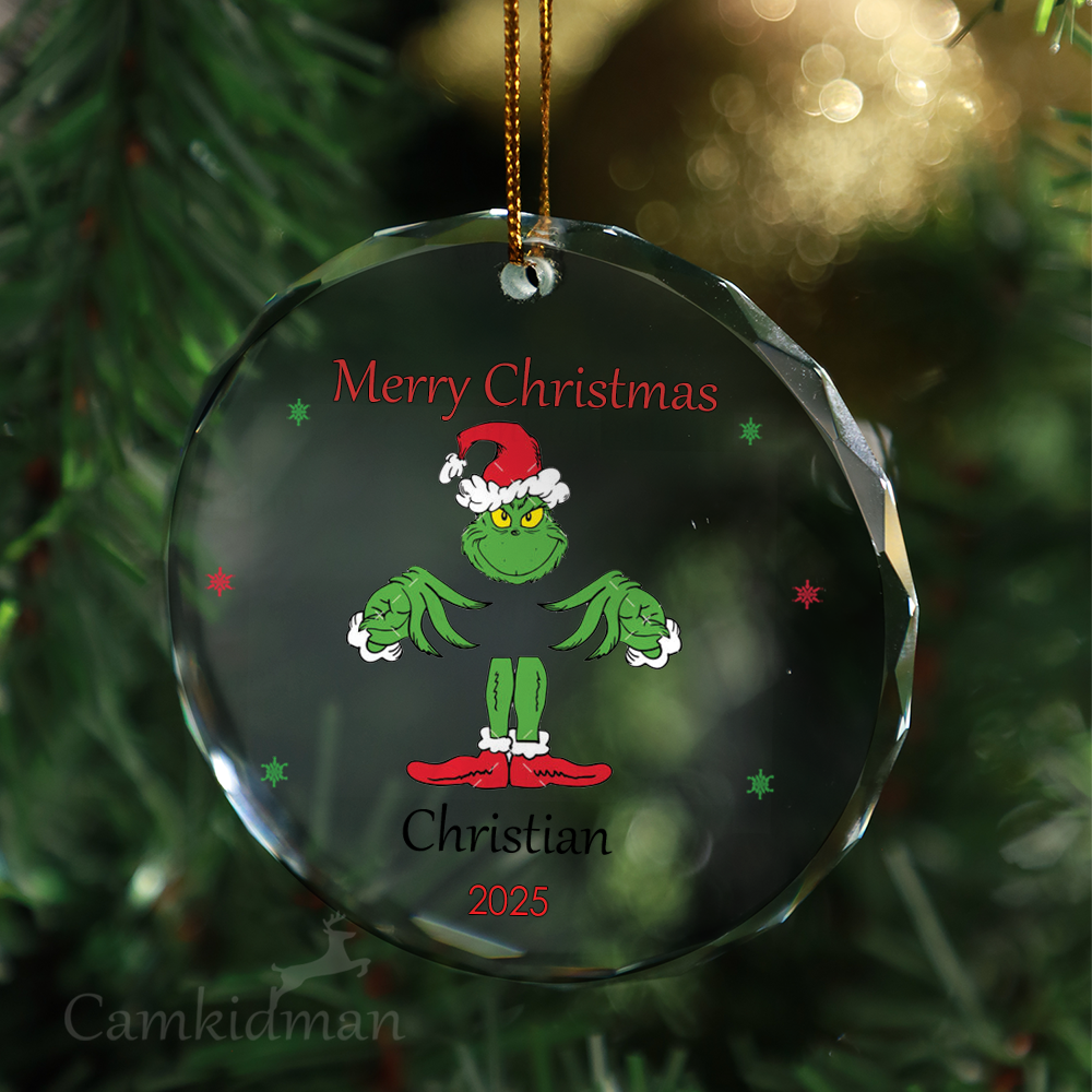 Grinch Santa Pose Funny Glass Christmas Ornament 2025 Personalized Name