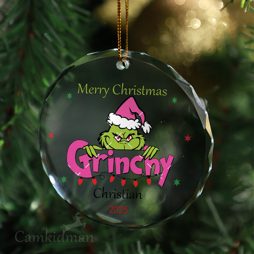 Grinchy Face Pink Lettering Personalized Name 2025 Glass Ornament gifts family