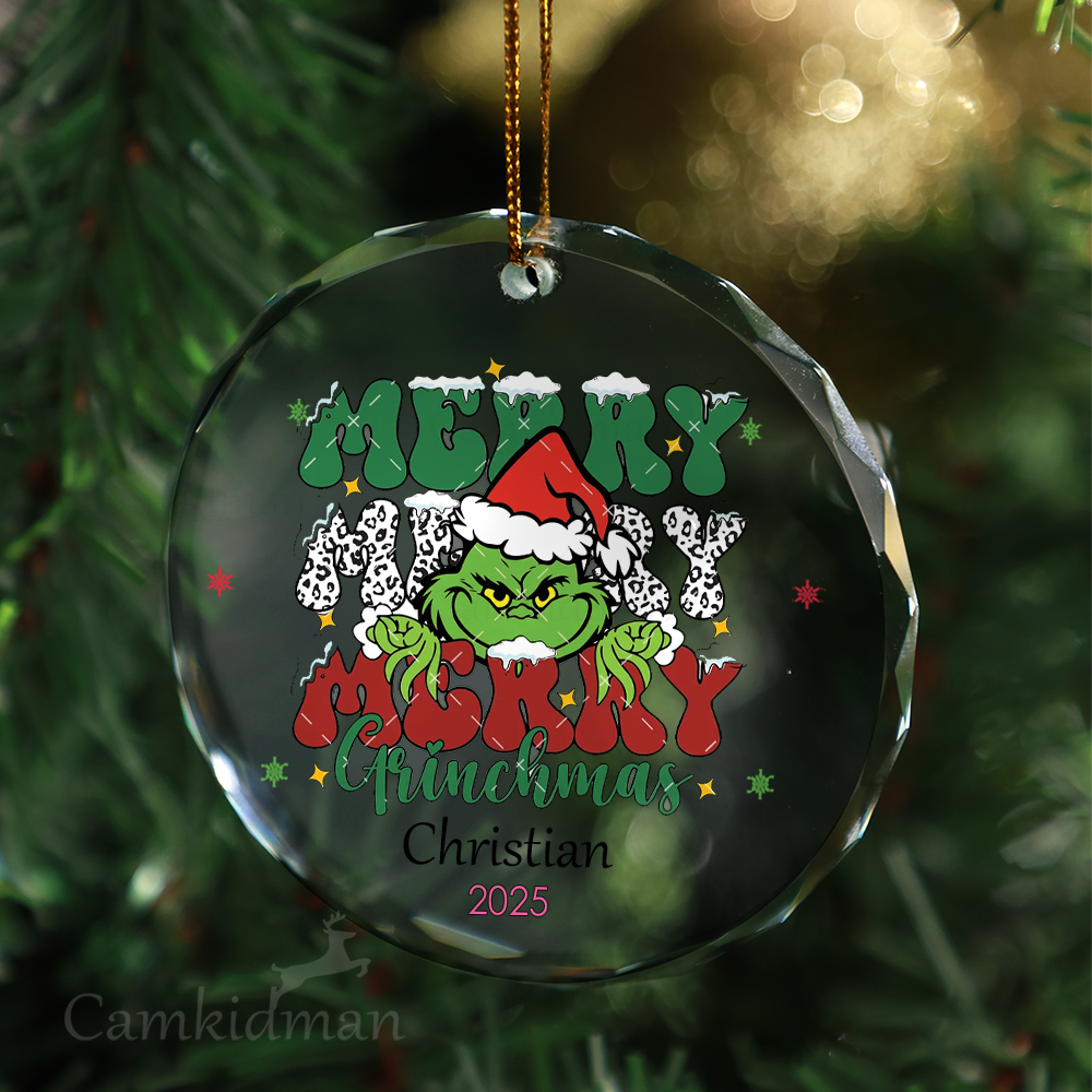 Angry Merry Grinchmas 2025 Glass Christmas Ornament 2025 Personalized Name Decoration