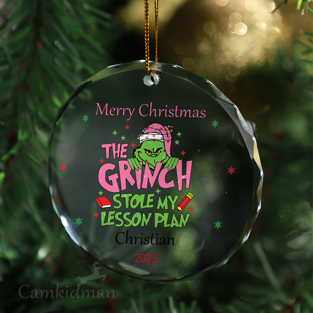 Grinch Stole My Lesson Plan Teacher Holiday Gift tree Glass Christmas Ornament