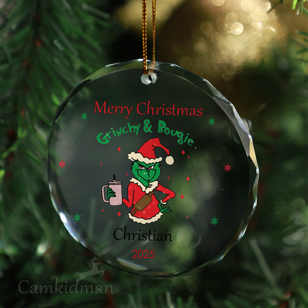  Grinchy And Boujie Round Glass Christmas Ornament 2025 Personalized Name Gift 2025
