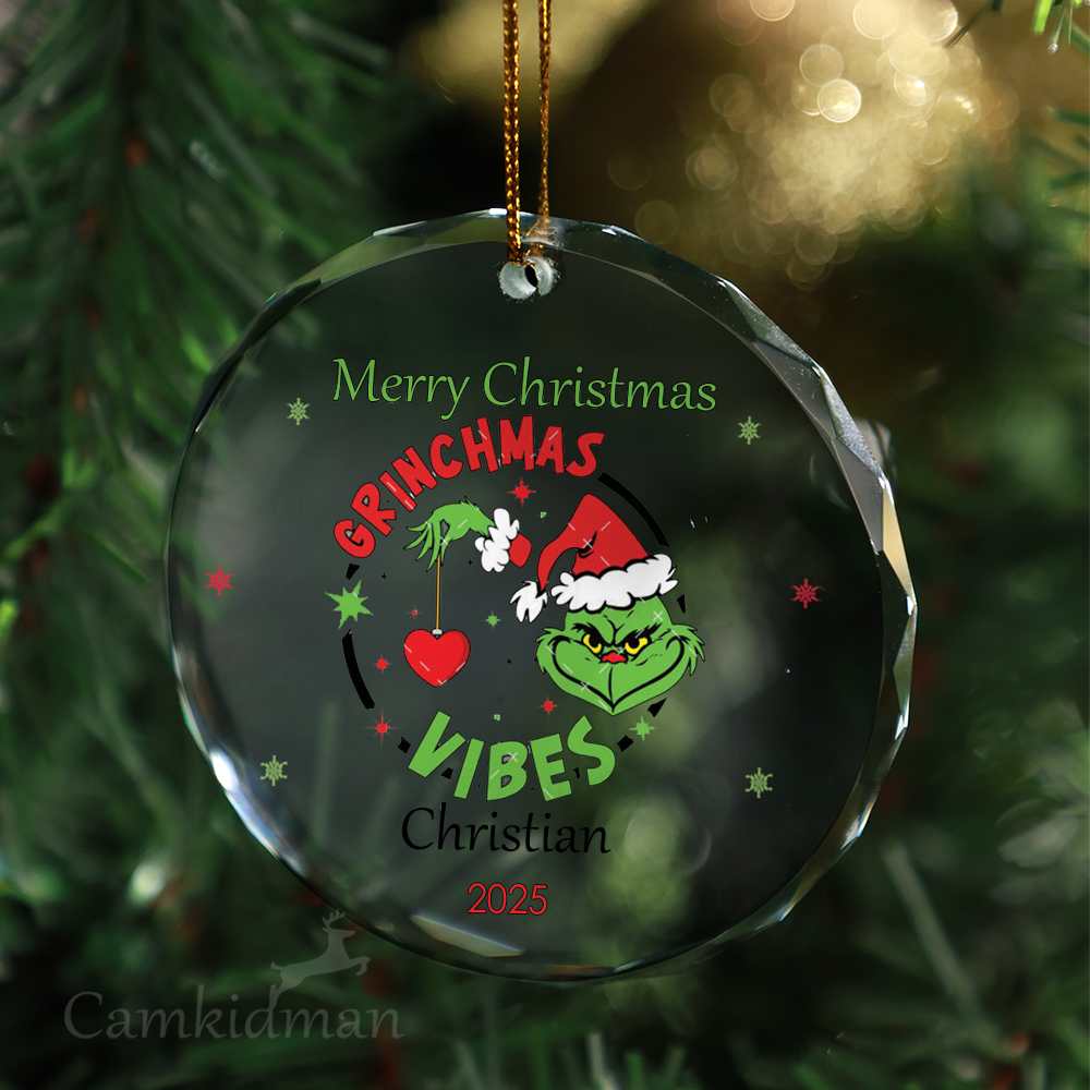 Grinchmas Vibes Holiday Decor Personalized Name 2025 Glass Ornament tree
